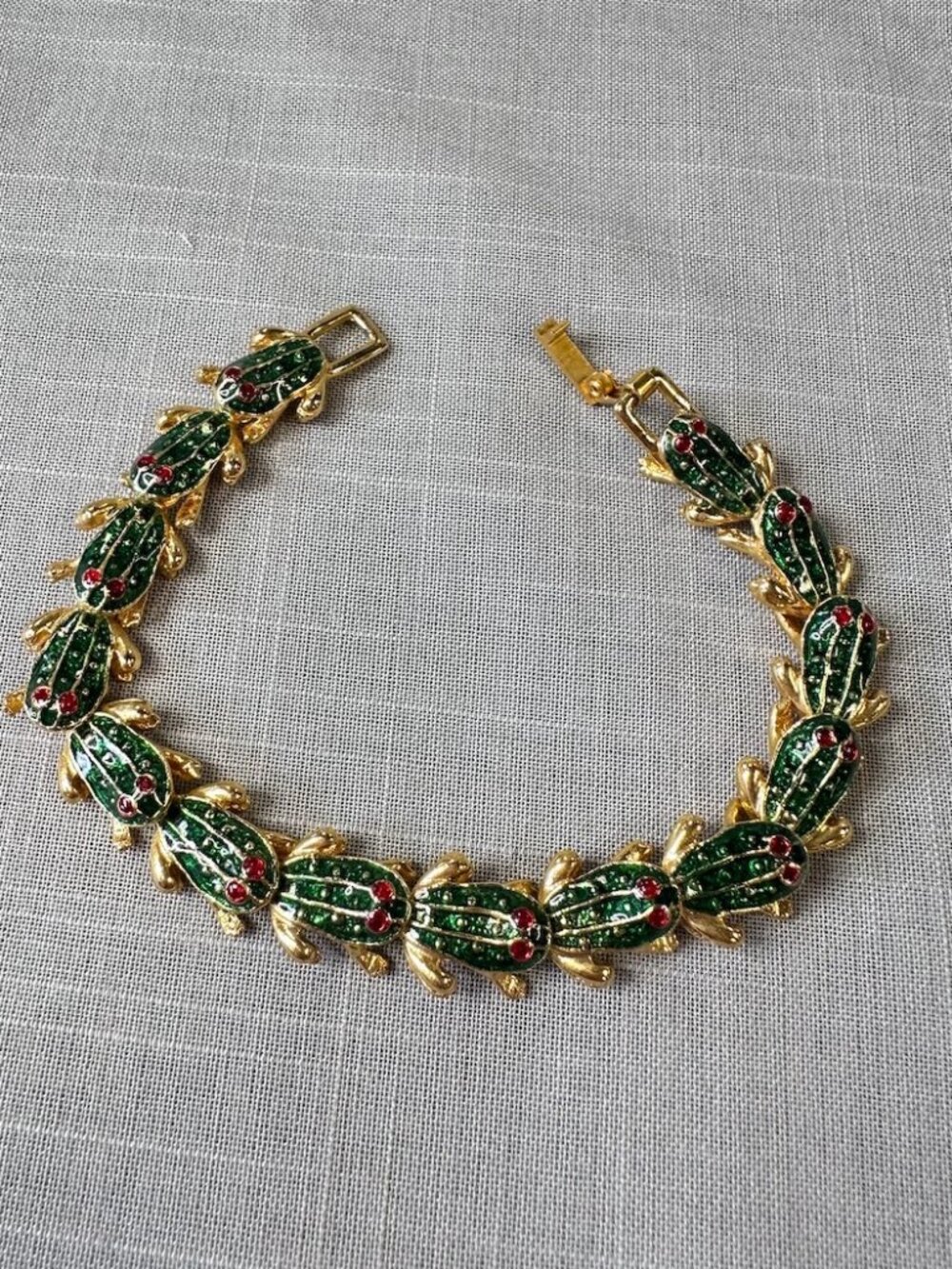 Vintage Frog Bracelet with Green Enamel and Red Stone Eyes